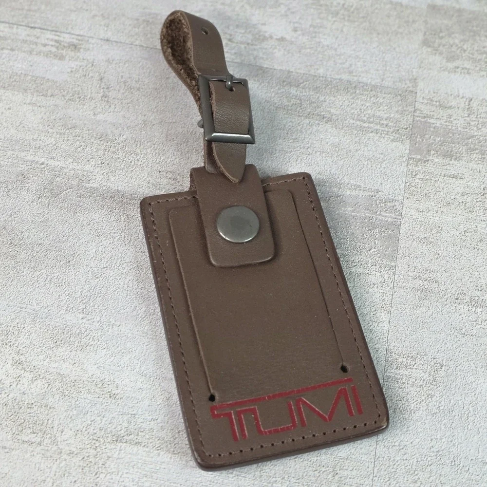 TUMI Leather Alpha 3 Large Luggage Tag Dark Brown Logo Travel ID Holder Strap